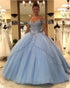 2018 Elegant Light Blue Quinceanera Dresses with Crystal Cap Sleeves Tulle Ball Gowns Sweet 16 Dresses